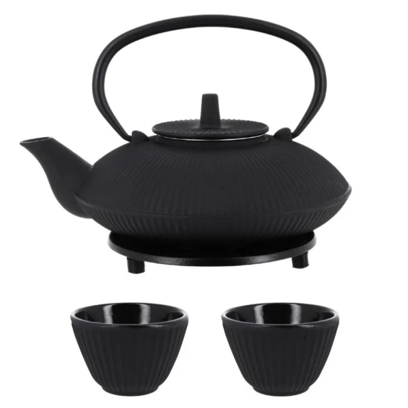 Best Cerf Dellier Coffret théière + tasses à rayures en fer noir - 800 ml