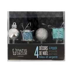 Best Cerf Dellier Décors de Noël assortis bleu argent sur pique (x4)