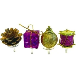 Outlet Cerf Dellier Décors de Noël assortis violet doré sur pique (x4)