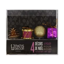 Outlet Cerf Dellier Décors de Noël assortis violet doré sur pique (x4)